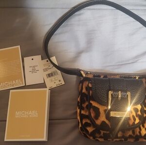 Michael Kors Black and Brown Animal Print Crossbody Calf hair Bag Pouchette